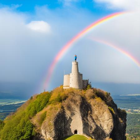 (rainbowfusion style:1) a man standing on top of a mountain with a castle in the background <lora:djzRainbowFusionV21_LoraBooth:1>