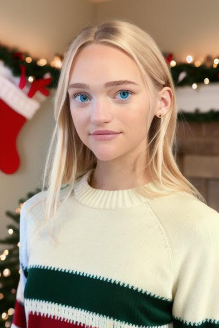 a naturally beautiful blonde woman, in a christmas sweater, at home for the hollidays, [upper body], (close up), 8k, raw, uhd, fujifilm x-t3, ((candid, amateur)), stunning eyes, <lora:gemmaWard:1>, huge eyes