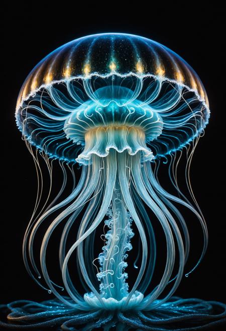 An otherworldly sculpture merging a bioluminescent jellyfish with a quantum vortex, showcasing swirling, glowing patterns. Photographed using long-exposure photography and quantum imaging, inspired by the concept of quantum fluids.
 <lora:grainy-v1:0.7>