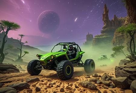 High-resolution cinematic scene of a small green alien driving a rugged dune buggy across the rocky surface of an alien planet. The terrain is filled with jagged cliffs, glowing pools of acid, and towering, misshapen trees with twisted branches. The atmosphere is hazy with a greenish hue, and distant lightning crackles in the dark purple sky. The alien wears a sleek space jumpsuit, gripping the wheel with determination, its large black eyes reflecting the eerie landscape. The buggy kicks up dust and small pebbles as it speeds over the terrain. Style: photorealistic, dynamic action shot, dramatic lighting, ultra-detailed textures of metal, rock, and alien flora. Perspective: low-angle action shot. Mood: adventurous and intense,
Alien world. high-resolution, cinematic lighting, soft colors ((4k,8k,Ultra HD)),((Masterpiece :1.2)),((Best quality :1.2)),((Detailed :1.5)),((Detailed background :1.5))