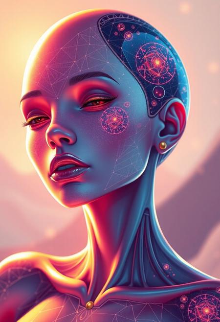 Illustration of a quintessential supermodel, residing in the realm of fantasy, her silhouette traced out of trim wire and cutting-edge robotics, embodying an exotic and alien persona, adorned in radiant cosmic hues, her otherwise delicate skin bathed in a soothing wash of solar warmth exposing its intricate cellular construction beneath, her countenance acting as a dynamic muse, articulating a range of emotions through dramatic