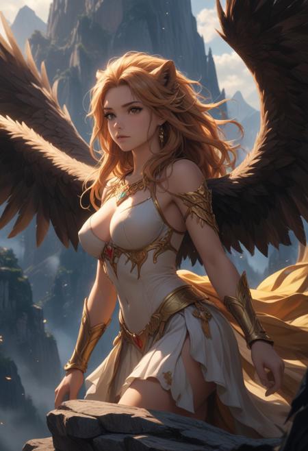 score_9, score_8_up, score_7_up, score_6_up, dynamic, (anime, masterpiece), best quality, (8k), detailed background, sharp focus, intricate, ambient lighting, super high quality, hyper detailed background, cinematic lighting, adult, double tone long hair, medium breasts, verybadimagenegative_v1.3, fantasy, Griffin, Majestic wingspan, Regal lion's mane, Eagle's piercing gaze, Mountain's shadow, Guardian of treasures, 1girl
