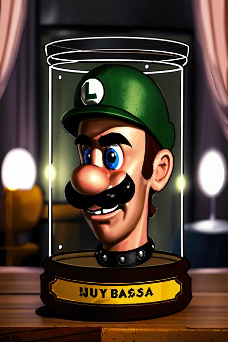 Highly detailed, High Quality, Masterpiece, beautiful, Head in Jar, <lora:HeadinJar-05:0.9>, 1boy, jar, head only, Luigi, <lora:Char_MarioSeries_Luigi:0.8>