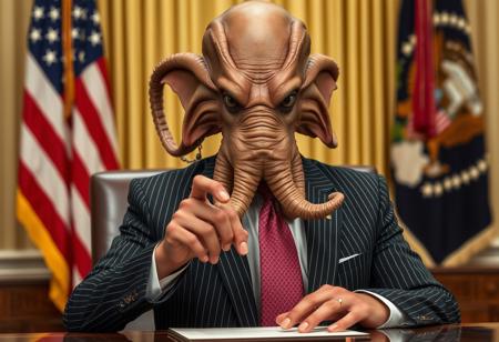 president cthulu in a sharp pin striped suit posing for presidential portrait in the oval office, real photograph, signing bill, empty eyes, lovecraftian, vote for cthulu photorealistic, correct hands, correct fingers, seal of the president of the united states, ad to vote, republican, election