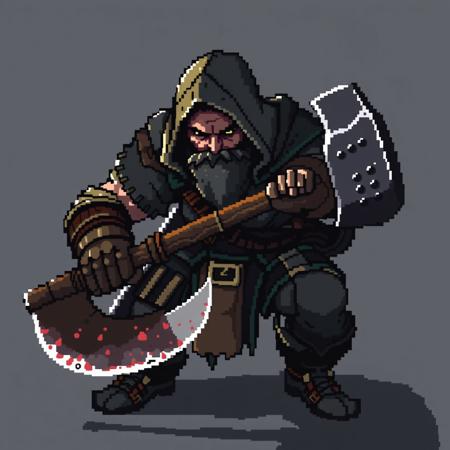 Pixel art rogue wielding a large axe, wearing leather armor and a hood, scarred face, crouching in shadows, ready to strike, gritty and rugged look, 16-bit style.