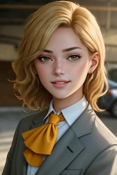 (eye level, closeup on face:1.2) photo of <lora:GeorgiaEllenwood_v3:.9> GeorgiaEllenwood,
smiling,
she is wearing business suit
,
she is wearing ascot,
her hair is styled as curly lob,
BREAK she is (in the garage:1.1),
soft natural lighting,
technicolor,Voigtlnder Nokton 50mm f1.1
,shot on Bolex H16
,