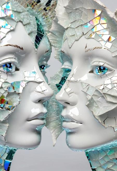Two cracked white porcelain faces, 
Broken Glass effect, 
no background, 
stunning, 
something that even doesn't exist, 
mythical being, 
energy, 
molecular, 
textures, 
iridescent and luminescent scales, 
breathtaking beauty, 
pure perfection, 
divine presence, 
unforgettable, 
impressive, 
breathtaking beauty, 
Volumetric light, 
auras, 
rays, 
vivid colors reflects