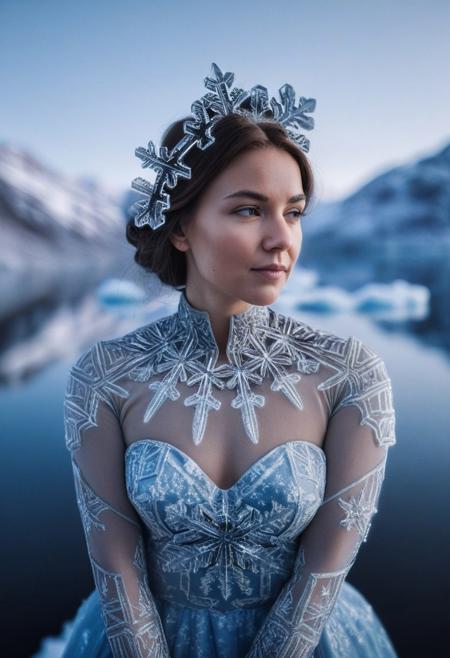 instagram photo, front view, portrait photo of a 30 y.o woman, wearing dress of ice with snowflake pattern, beautiful face, cinematic shot, beautiful arctic background
