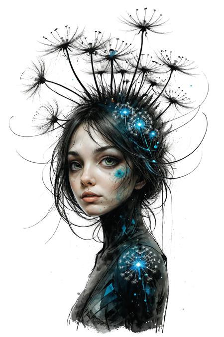mysterious silhouette dandelion woman, by Minjae Lee, Carne Griffiths, Emily Kell, Steve McCurry, Geoffroy Thoorens, Aaron Horkey, Jordan Grimmer, Greg Rutkowski, amazing depth, double exposure, surreal, geometric patterns, intricately detailed, bokeh,  perfect balanced, deep fine borders, artistic photorealism , smooth,  great masterwork by head of prompt engineering   <lora:add-detail-xl:2>  <lora:xl_shuimo:0.7> ink wash painting <lora:Cute_Drawing:0.55>  <lora:hyperkraximalism_v1-1:0.25>
