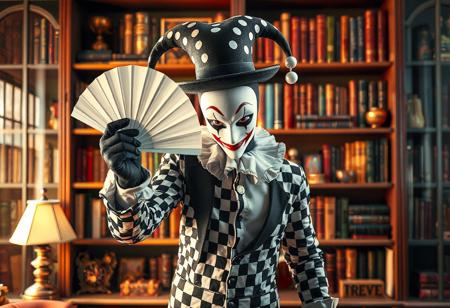 A captivating 4K image, trending on ArtStationHQ, presents a harlequin jester in a dynamic pose, their face hidden by an enigmatic white mask. The jester, central to the composition, uses the golden ratio to command attention. Clad in a meticulously detailed black and white costume—a polka-dotted top hat, striped shirt, and checkered pants—they gesture with a pristine white fan towards the viewer, creating an immediate connection. The jester's eyes, rendered with lifelike detail, convey vivid emotions. The background, a richly detailed bookshelf overflowing with books and knick-knacks, adds depth and context, suggesting a personal library or study. The style seamlessly blends Raphael's classical grace with Houdini's theatrical flair, enhanced by the vibrant energy of splash ink illustration and the photorealistic precision of an Octane render. Harmonious, multicolored tones bathe the scene in captivating light, creating a joyful impact and delivering a powerful, unspoken message. The image is rendered with Unreal Engine 5, emphasizing high-resolution details, sharp lines, stunning colors, and impeccable composition. Every element, from the super-detailed face and clothes to the intentional focus and well-timed moment, contributes to an exceptionally high-quality, handcrafted masterpiece. The overall aesthetic is contemporary, evoking a sense of wonder and mystery.
