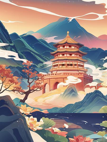 guochaochahua,Clouds, Sky, Mountains,
SFW, (masterpiece:1,2), best quality, masterpiece, highres, original, extremely detailed wallpaper, perfect lighting,(extremely detailed CG:1.2),   <lora:guochaochahua_v2:0.7> ,guochaochahua,