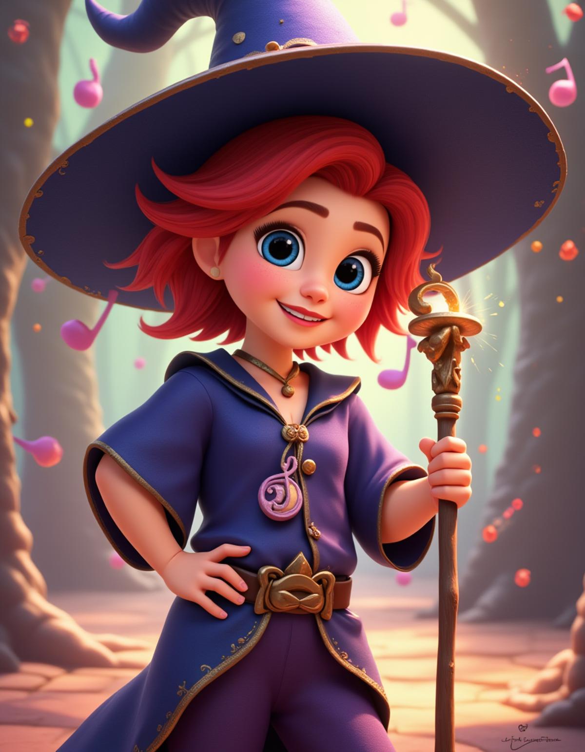 Cartoon cute little girl, musical note, tunic, magical staff, red hair, big hat, epic pose, light smile, bright pupils, particles around, splash art, pants, DisneyStudio, u can se her hips, magic around background, <lora:Disney-Studios-Flux-000008:0.6>