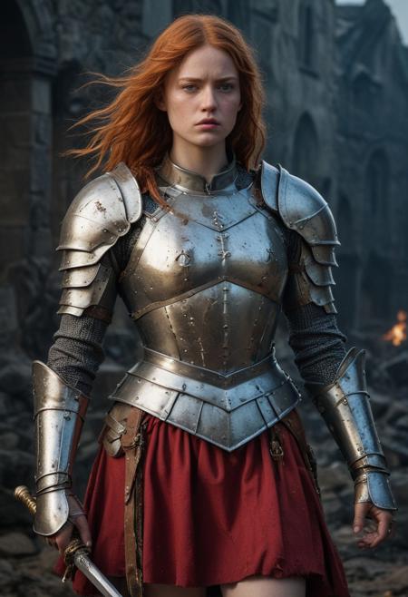 High resolution ultra-realistic of Beautiful Warrior Sadie Sink as Joan of Arc, 8k, capturing the intensity of the moment, cinematic lighting, standing on a bloody and stormy battlefield in bloody battle, wavy red hair, realistic dirty pale face, realistic blue eyes,  beautiful hourglass figure, burning in a medieval Town, intricately designed iron and silver armor, red mini skirt, Dark Ages Aesthetic, perfect athletic figure, beautiful Warrior Joan of Arc, fire, ultra realistic, cinematic style, vigorous and seductive, athletic figure, dark fantasy, dramatic lighting, wet and sweaty skin, dirty skin, athletic figure, dark fantasy, dramatic lighting, Greg Rutkowski style,, Warrior Joan of Arc on in iron armor, hyper-detailed, hyper-realistic, bright colours, Attractive 21 old years girl, Attractive, beautiful firm Breasts, sharp focus, digital painting, Photograph Taken on Nikon D750, Alphonse Mucha, 8K, athletic figure, Hyperdetailed, hyperrealism, Attractive, Attractive bust girl, asymmetric balance