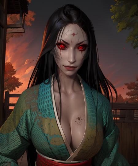 ubume,red eyes,black hair,bangs,smile,
green kimono,dirty,angry,cleavage,red sash,
standing,
edo japan,underworld,red sky,
(insanely detailed, beautiful detailed face,beautiful detailed eyes, masterpiece, best quality),<lora:ubume:0.8>,