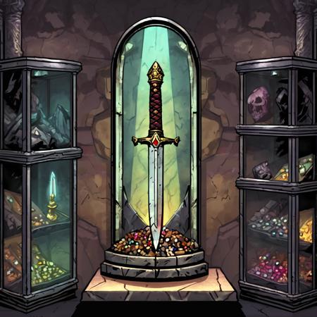 high-quality artwork in dgst artstyle of medium-shot of an ancient sword adorned with jewels in a glass vitrine display case inside a modern museum