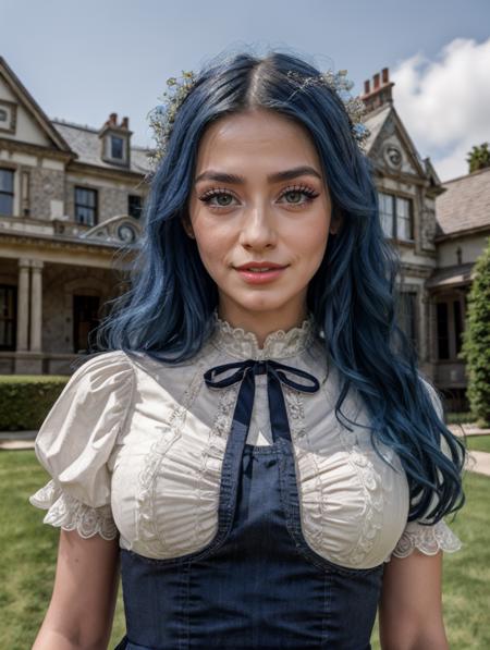 RAW Photo, professional color graded, BREAK portrait photograph of girl Jew3lzBlu, blue hair, makeup, eyeliner, (wearing victorian dress), ((mansion background)), sunny day sharp focus, HDR, 8K resolution, intricate detail, sophisticated detail, depth of field, analogue RAW DSLR, photorealistic, looking at viewer, <lora:detailed_eye:0.8>, <lora:Jew3lzBlu:0.85>, <lora:quickfix:1>