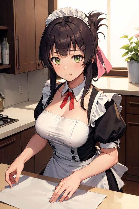 masterpiece, best quality, absurdres, 1girl, solo, MaiYanase, hairclip, folded ponytail, hair ribbon, maid, maid headdress, maid apron, kitchen, <lora:MaiYanase:0.8>