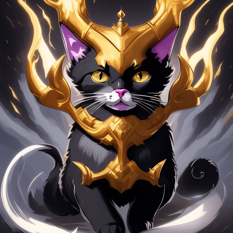 a drawing of a cat with golden horns, thunder, power aura, masterpiece, Unmythical Creatures