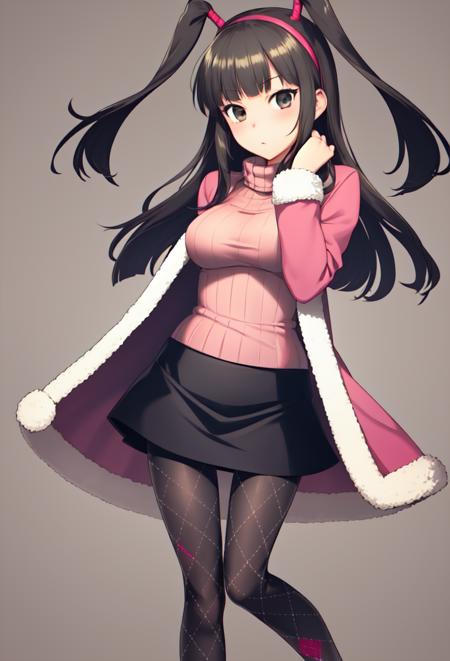 tsurara black hair, black eyes pink coat, sleeveless ribbed pink sweater, black skirt, argyle legwear, pantyhose necklace