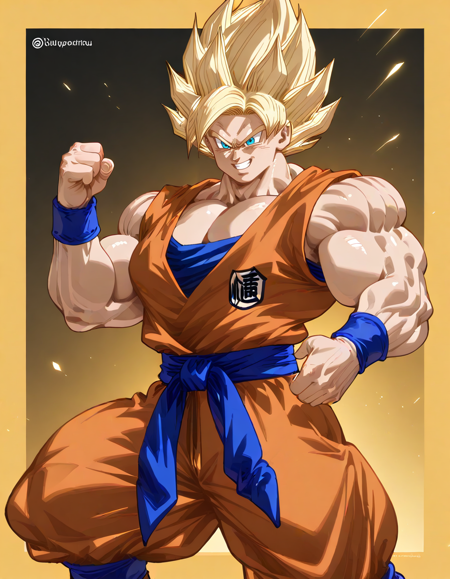 1boy, Goku, spikey hair, yellow hair, super saiyan, blue eyes, orange gi, blue undershirt, blue sash-style obi over waist, blue wristbands, blue boots with a yellow border and red laces, muscular, muscular male, solo, big muscles, bulky muscles, big biceps