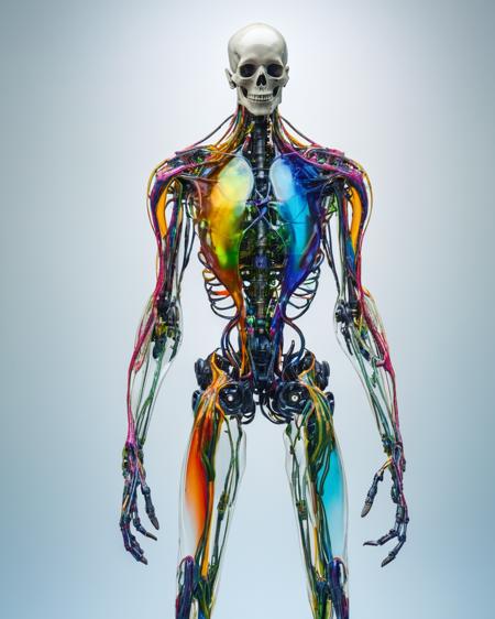 (focus on bioengineered creature, transparency:1.4, (detailed cybernetic implants fused with organic matter:0.5), full body, (with intensely vibrant swirling colors:1.9), realistic photo, <lora:add-detail-xl:1.0> ,  <lora:artialien:1> artialien