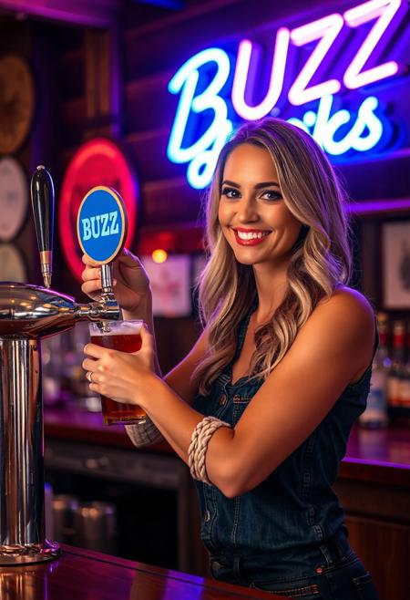 A high quality photo of a beautiful woman filling a glass of beer from a tap.
The sign on the tap says "BUZZ", a neon sign on the wall behind her reads "BUZZ drinks" in bright blue neon light.
The woman's clothes and the look of the bar show that this is a country bar. She is smiling warmly at the camera.