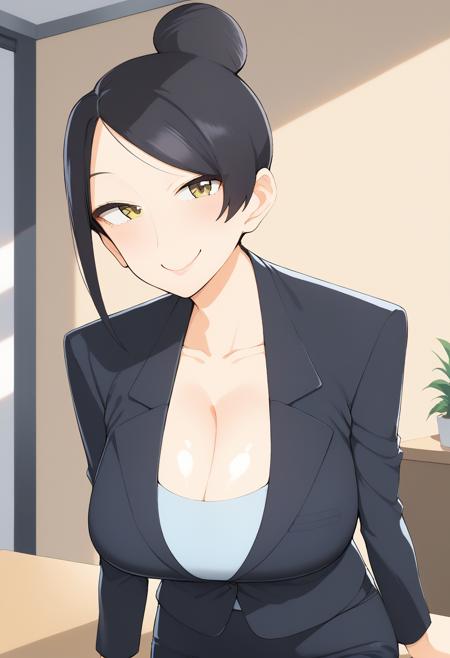 takizawa_kyouko, mature female, brown eyes, black hair, hair bun, single hair bun, collarbone, office lady, business suit, black suit, formal, black skirt,