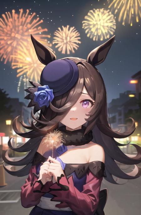 <lora:RiceShower_v21:0.8>,RiceShower,(masterpiece),illustration,(rice shower \(umamusume\)),brown hair,long hair,purple eyes,swept bangs,long bangs,long hair,small breast,hair covers right eye, fireworks, night sky, street, red kimono,holding fireworks, smile,looking at viewer, upper body,