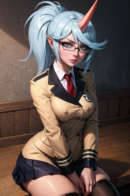 1girl,  psgkneesocks, demon_uniform, single_horn, necktie, glasses <lora:PSG_Kneesocks-09:1.0>, beautiful, (masterpiece:1.2), (best quality:1.2), perfect eyes, perfect face,