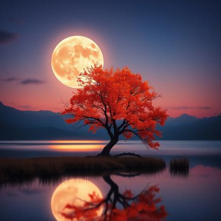 (lone fiery orange tree, oversized moon, dusky sky, water reflection, peace, enchanted digital scene, landscape photography, HDR, UHD, 8k, cinematic, trending on ArtStation, magical realism), long exposure, polaroid, mystical, surreal, fantasy, tranquil, telephoto lens, wide angle, dramatic composition, soft lighting, depth of field, silhouette