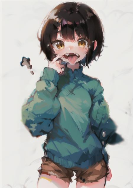 1girl, black hair, brown eyes, finger in own mouth, long sleeves, mouth pull, short hair, shorts, simple background, solo, teeth, tongue, white background, index finger inside mouth, two hand pulling mouth, <lora:mouth_pull:1> <lora:mouth_pull-000009:1>