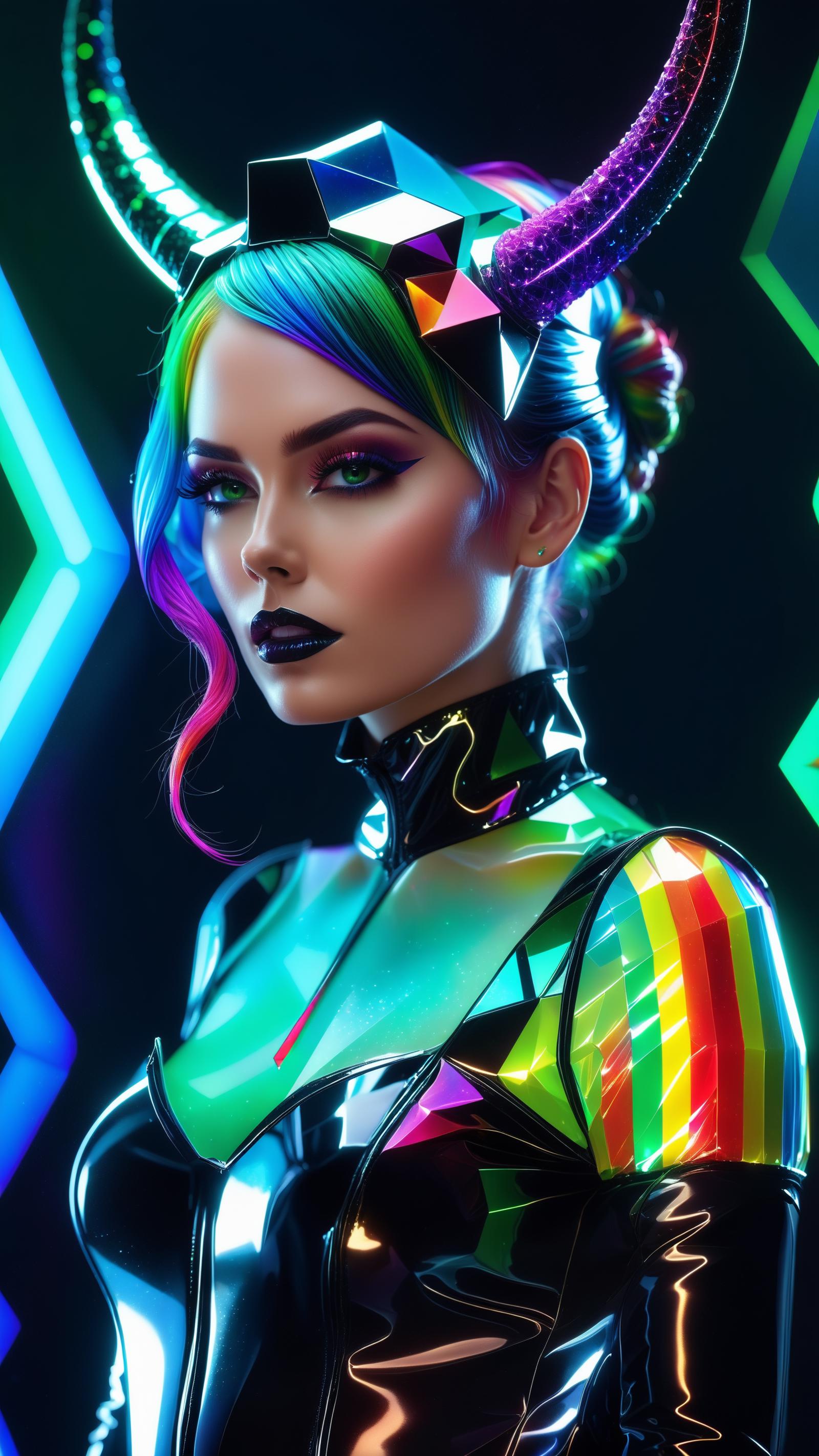 A digital painting of a woman with green eyes, a rainbow hair, and a black and gold shirt.