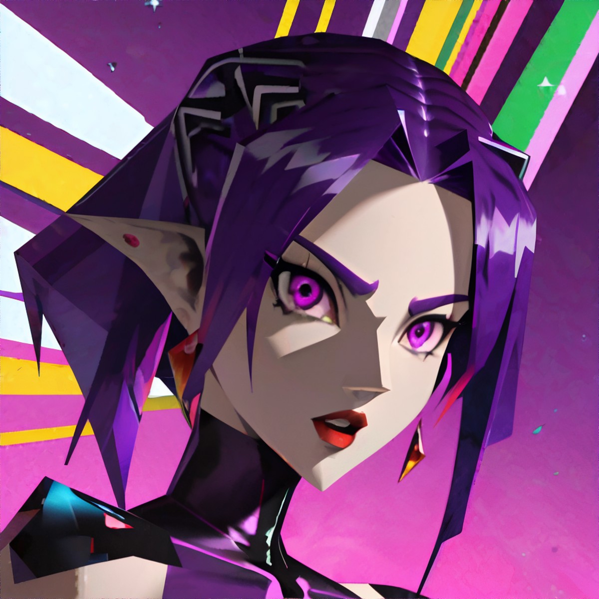 <lora:icbin64:1.0>, n64, n64style, screenshot of a nintendo 64 game, 1girl, purple hair over one eye, multicolored eyes, :...