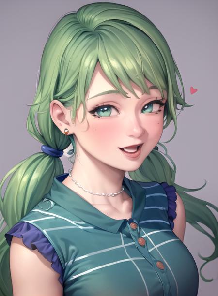 best quality, (masterpiece),(ultra-detailed), (high quality), (high resolution),   <lora:caroline:0.7>,1girl, aqua eyes, caroline, earrings, green hair, heart, hetero, jewelry, long hair, looking at viewer, mole, open mouth, paizuri, simple background, smile, striped shirt, twintails, upper body, white background