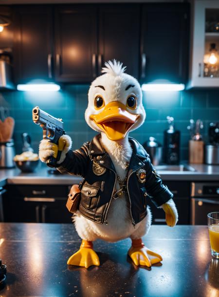 cinematic action photo, furry toy duck wearing a leather jacket and pointing a gun at camera, standing on a kitchen breakfast table, cinematic atmosphere, wide angle shot, neon lights, film grain, grainy  <lora:add-detail-xl:0.8>  <lora:xl_more_art-full_v1:0.8>  35mm photograph, film, 4k, highly detailed, intricate