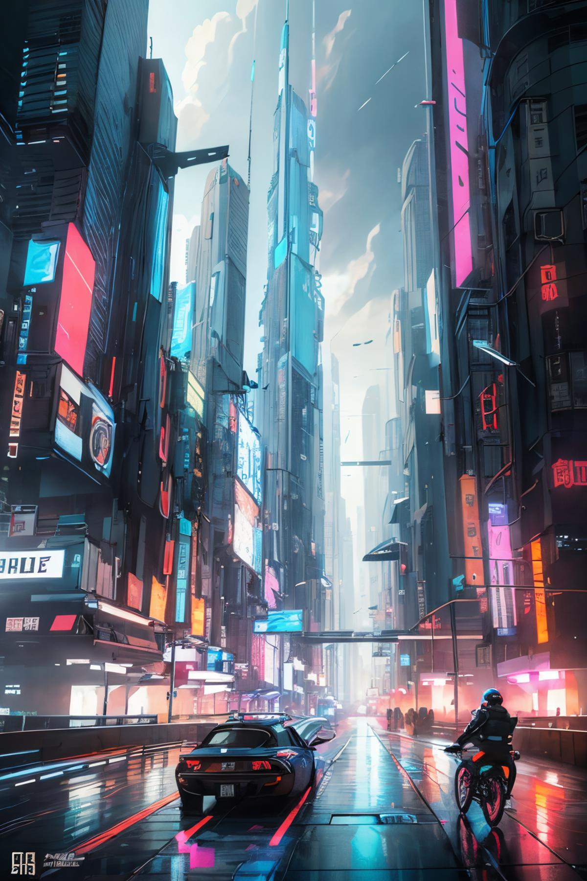 Futuristic City Scene with Skyscrapers and Neon Lights