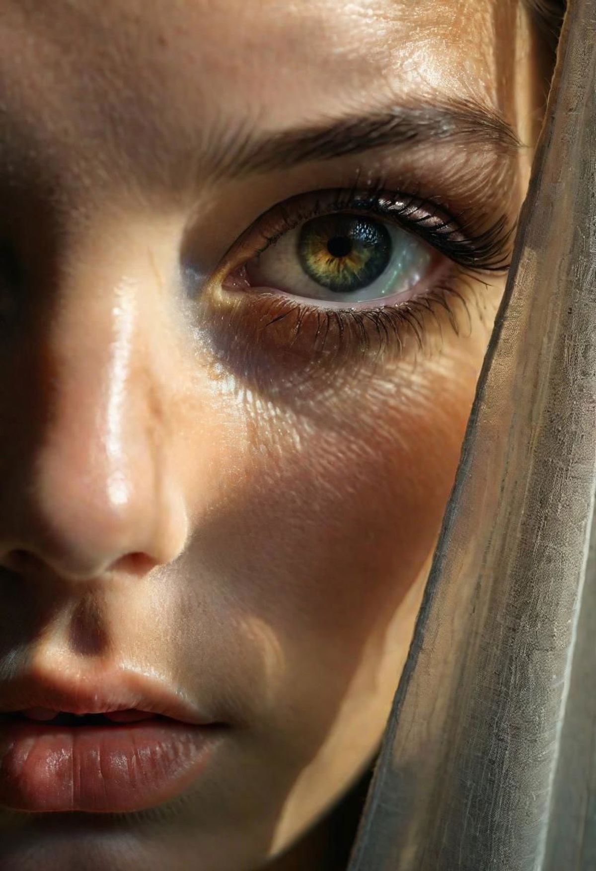 Close-up of a woman with green eyes and sunlight on her face.