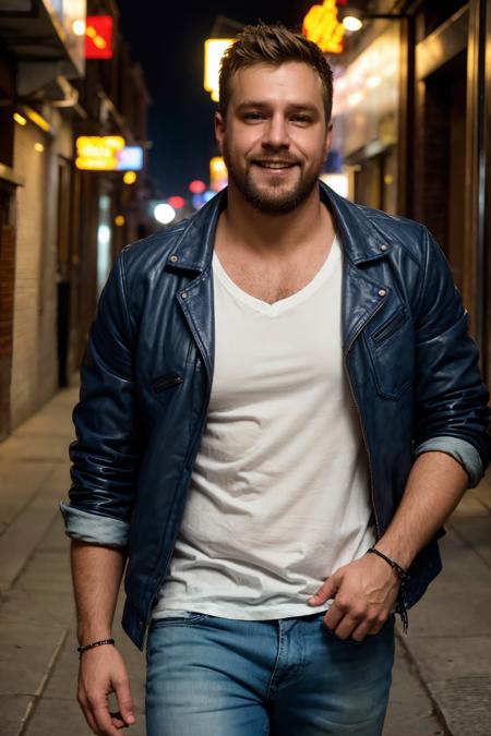 IainStirling, photo of a rugged man wearing leather jacket and jeans and white t-shirt walking down the street, smile, soft focus, photo by mark henderson, cinematic, natural lighting, muted colors, night, bokeh, face portrait, (extreme close up:1), urban, beard, dynamic pose, muscular, fog, red and blue neon city lights, alley, realistic, masterpiece, intricate details, detailed background, depth of field <lora:IainStirlingLora:1>