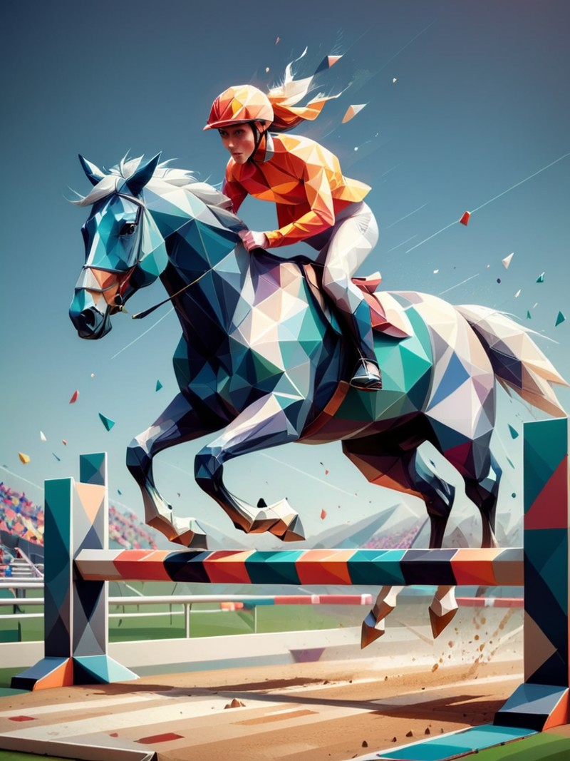 a horse jumping an obstacle made of ral-polygon <lora:ral-polygon-sdxl:1> racetrack