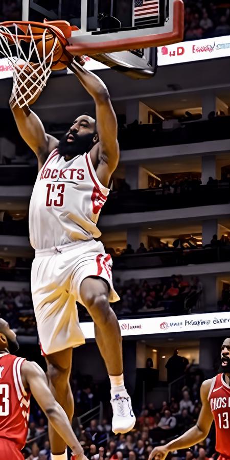 James Harden,James Harden dunks,Masterpiece, Basketball, Multi-Angle, Dribble, Slam Dunk, Flash, Cinematic Texture, Looking Up, 8k uhd, high quality, dramatic, cinematic<lora:James Harden:0.7>