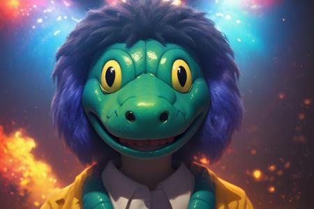 Green alligator in a clear neo-pop style, mysterious character, bright close-up, high detail, illustration, hyperrealistic, crystal clear, vivid colors, cinematic lighting, character design by Takashi Murakami and KAWS, 4k resolution