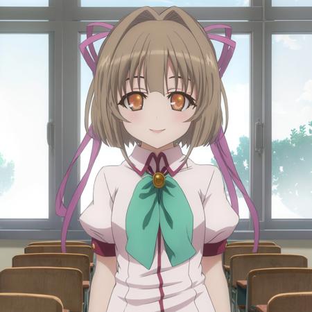 <lora:mimina_ousawa_v1:0.8> mimina_ousawa, summer uniform,  classroom, flat chest, (hair ribbon:0.6), facing viewer, upper body, smile, masterpiece, best quality