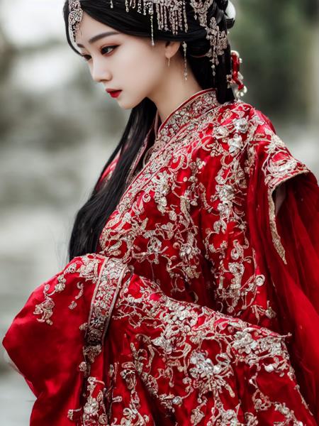 (dramatic, gritty, intense:1.4), masterpiece, best quality, 8k, insane details, intricate details, hyperdetailed, hyper quality, high detail, ultra detailed, Masterpiece, newcn,  1girl, Song  hanfu, black hair, 3d,  red hanfu,