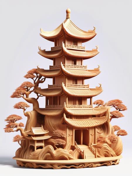 A woodcarving tower,smooth surface,(full_body),rimming light,white_background,playful illustrations,playful,dreamy imagery,Chinese style,extremely detailed,artstation,8k,soft lighting,soft contrast,incredible art,wlop,artgerm,<lora:woodcarving:0.7>,