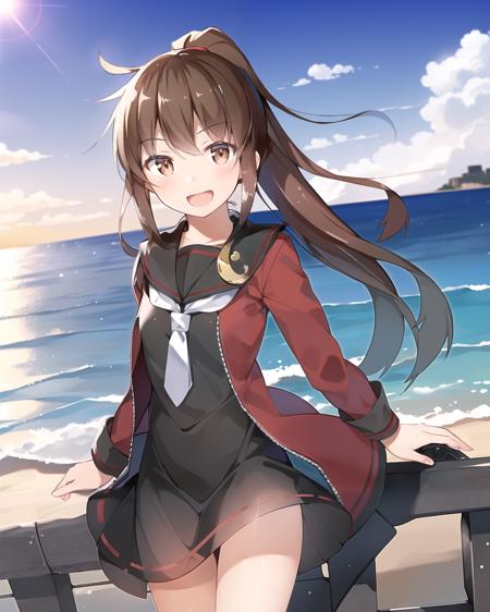 masterpiece, (best quality:1.4), photorealistic, best illustration, best shadow, (beautiful detailed:1.4), finely detailed, dramatic light, HDR, ray-tracing, intricate details, outdoor ocean scenery, 1girl, cowboy shot, (fumizuki kai ni:1.33) from kantai collection, solo,  ponytail, very long hair, (white:1.22) neckerchief, flat chest, brown hair, smile, open mouth, sun, diffraction spikes, finely detailed iris, (long sidelocks), red trim, black jacket, black skirt, black sailor collar, crescent neckerchief, pin, cuffs, brown eyes, (necktie:0.9)