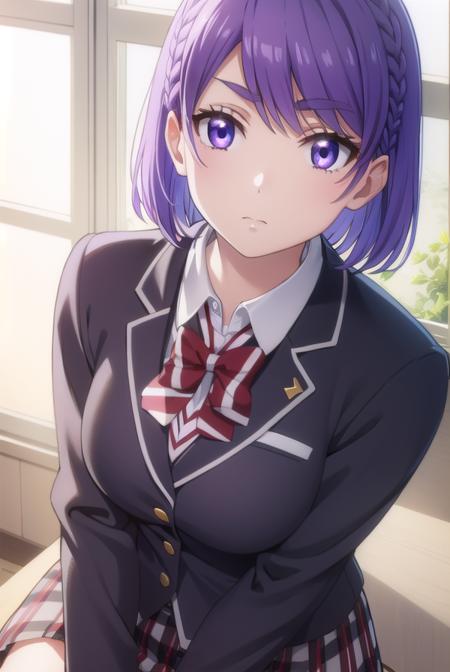 neneodagiri, <lora:nene odagiri s1-lora-nochekaiser:1>,
nene odagiri, short hair, (purple eyes:1.1), purple hair, braid,
BREAK skirt, bow, school uniform, jacket, pleated skirt, plaid, plaid skirt, blazer,
BREAK indoors, classroom,
BREAK looking at viewer,
BREAK <lyco:GoodHands-beta2:1>, (masterpiece:1.2), best quality, high resolution, unity 8k wallpaper, (illustration:0.8), (beautiful detailed eyes:1.6), extremely detailed face, perfect lighting, extremely detailed CG, (perfect hands, perfect anatomy),