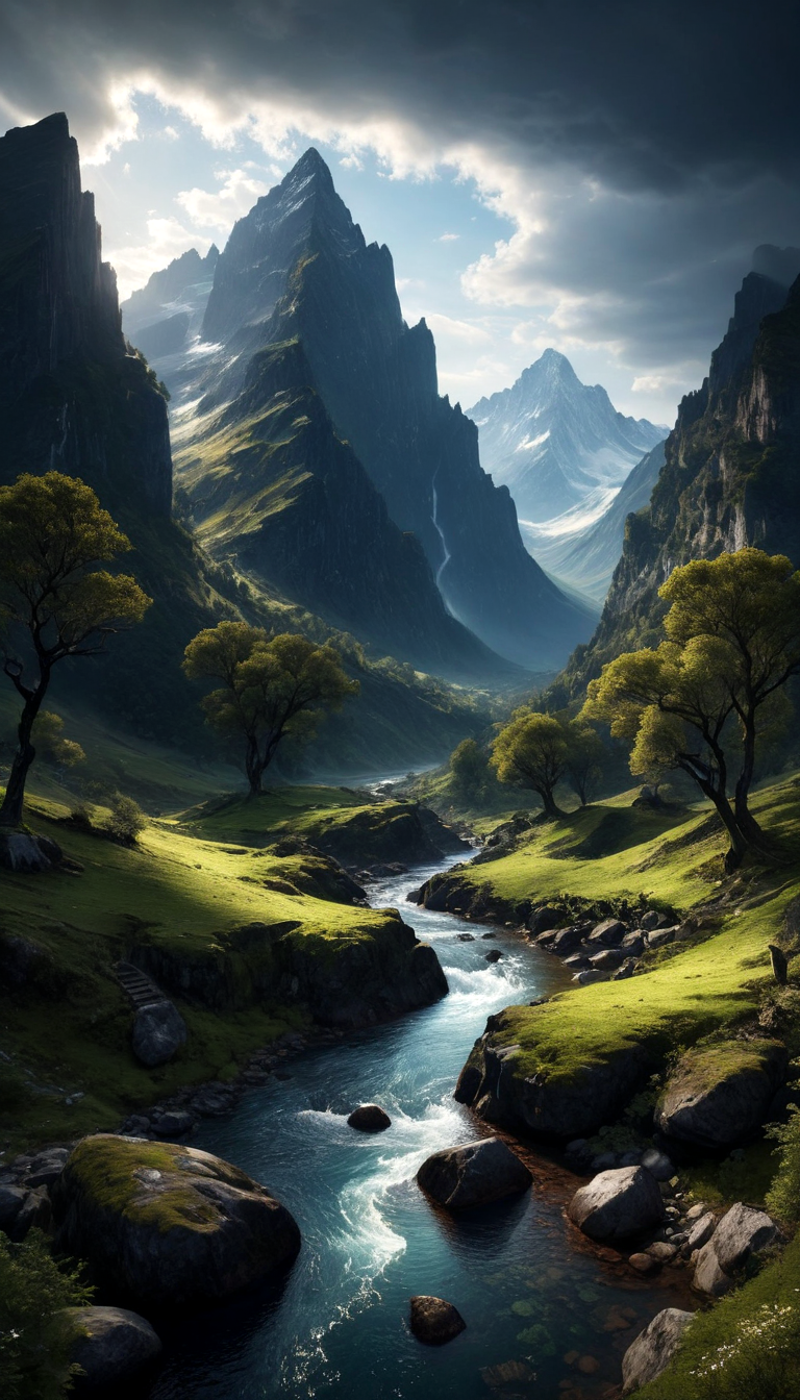 A Scenic Mountain Valley with a Stream and Trees