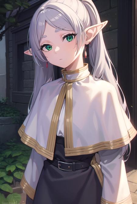 frieren, long hair, twintails, (green eyes:1.5), grey hair, pointy ears, elf, shirt, long sleeves, jewelry, pantyhose, earrings, striped, black pantyhose, capelet, striped shirt,