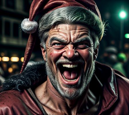 a portrait of a sad (Santa Claus) laughing, (((laughter))) wearing a Santa Claus green outfit, toxic, muscle, overlord god, elder, a man with a big smile on his face, horrific digital art, muscular bald man, showing anger, very sharp and detailed image, an overlord ancient male bearded face, perfect face template, round light green eyes with extremely detailed pupils and irises, open mouth, pain, bitter, grimgar, normal physique, human-animal hybrid, an 80 year old man, 9gag, bryce 3 d, epic realistic, faded, (((hdr))), hyperdetailed, cinematic, warm lights, intricate details <lora:more_details_2:0.45> <lora:difConsistency_detail:0.25> <lora:people_count_slider_v1:6> <lora:speedy1p5:1>