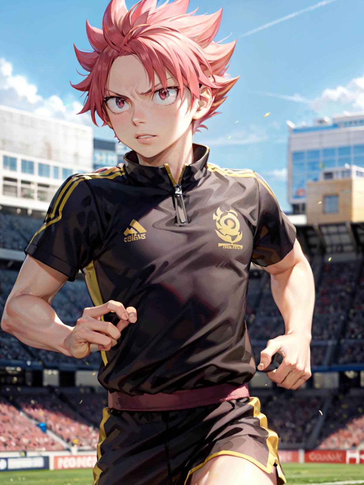 masterpiece, best quality, 1boy, natsu dragneel, running, soccer uniform, <lora:Natsu:0.8>